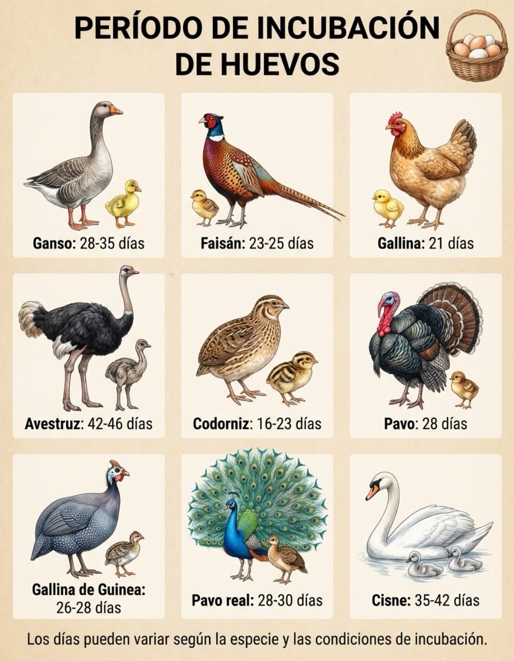 Conoce los días de incubación de huevos de las aves.